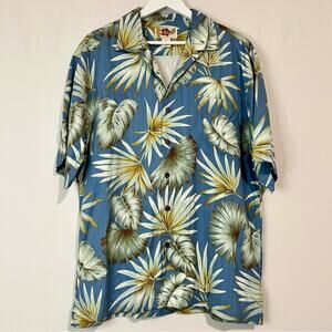 Hilo Hattie Men’s Short Sleeve Silk Hawaiian Camp Shirt Blue Size Small EUC